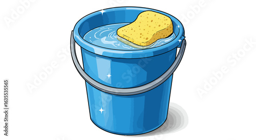 A blue bucket filled with water has a yellow sponge resting on top