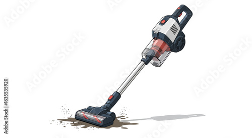 A cordless vacuum cleaner sucks up a patch of dirt on a white surface