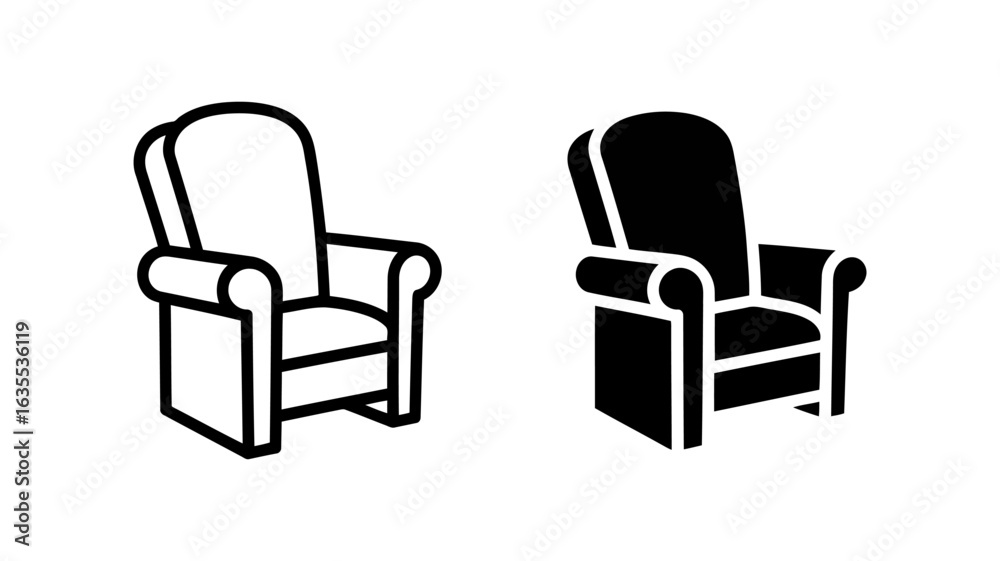 Obraz premium Armchair Icons: Line Art and Solid Black Styles, Simple Furniture Graphics for Website or App Design.