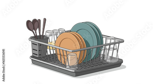 A dish rack with plates glasses and silverware