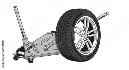 A floor jack presses against a car tire and wheel with a handle inserted