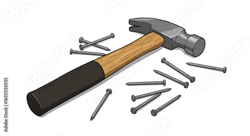 A gray hammer lies among scattered nails its wooden handle and black grip resting on a white surface