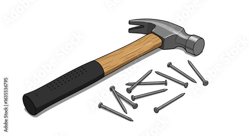 A hammer and nails are lying on a white surface