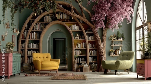 Cozy, whimsical library nook with tree-shaped bookshelves