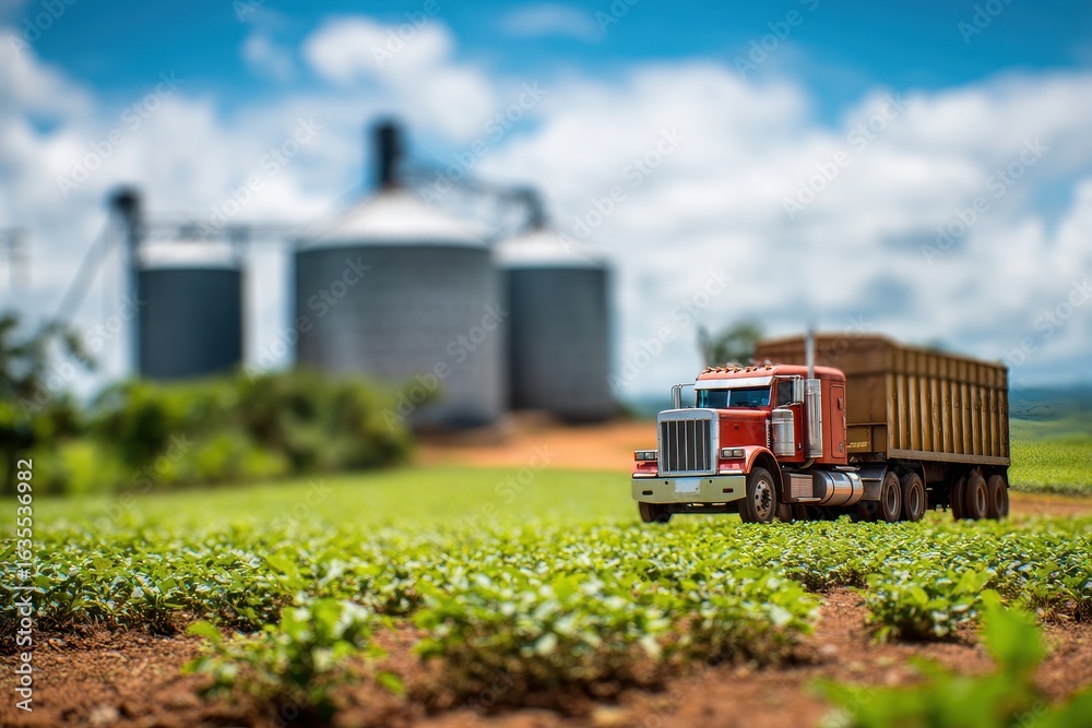 Fototapeta premium Agriculture Semi Truck. Unfocused silhouette of truck and silos on Brazilian bean plantation field in Mato Grosso