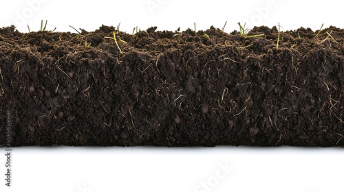 Loose soil spread in natural pattern on white background captured with zoom lens 135mm, focus on granular texture, irregular shapes, and warm earthy tones