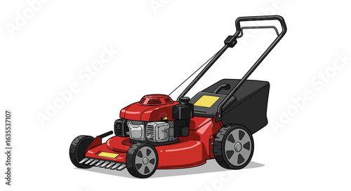 A red and gray lawnmower with a black collection bag on a white surface