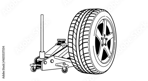 A tire next to a floor jack with a lever