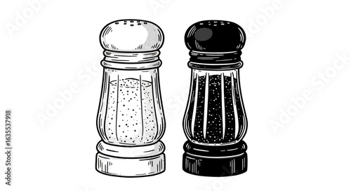 A white saltfilled shaker sits next to a black pepperfilled shaker both with a detailed sketched appearance