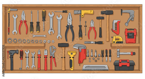 A wooden tool cabinet filled with various tools neatly arranged on two shelves