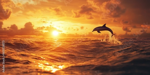 A scenic coastal view where dolphins playfully jump against a golden sunset