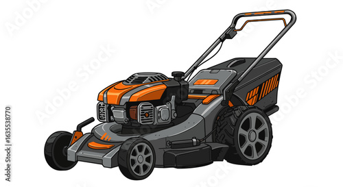 Cartoon lawn mower gray body orange accents black wheels  handle set on white