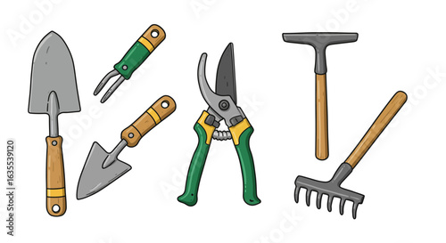 Garden tools trowels shears rake weeder arranged on a white background