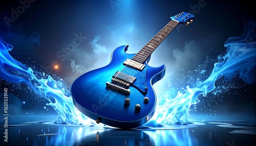 Blue electric guitar on a reflective surface with blue lights and splashes
