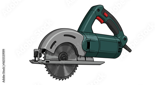Depicts a circular saw with a silver blade  cover a green body  a red trigger