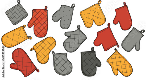 Many kitchen safety oven mitts and a potholder on white