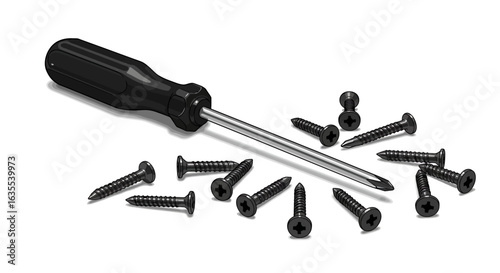 Screwdriver with black handle and silver shaft surrounded by black screws