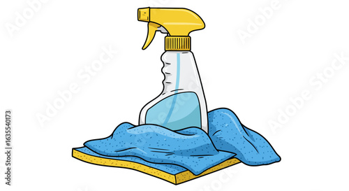 Spray bottle with blue cloth on a sponge yellow light blue and white