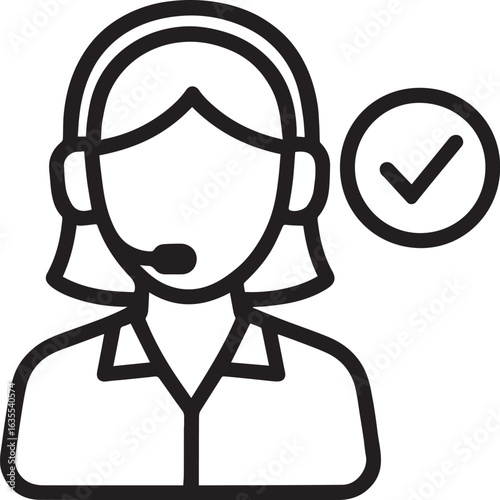 Reliable customer support icon showing a woman wearing a headset with a check mark, perfect for websites and digital marketing materials, vector based design