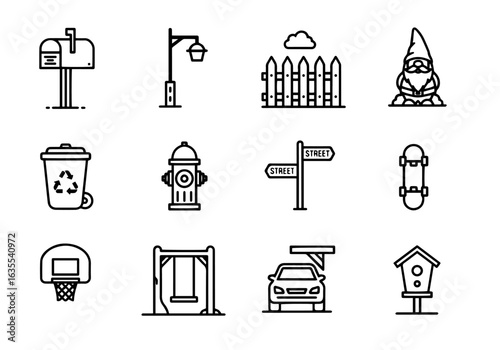 Neighborhood & Urban Life Vector Icon Set | Bold Line Style | Mailbox, Street Lamp, Fence, Recycling Bin, Fire Hydrant, Car Icons

