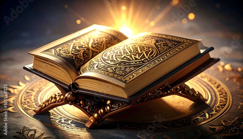 Ornate book on a stand, glowing from within, rests on a circular design