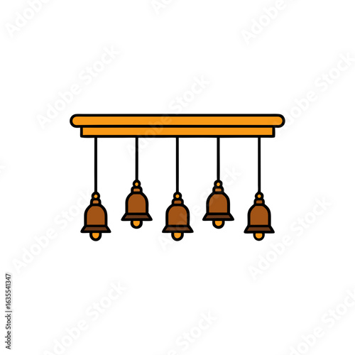 Illustration of a brown and gold chandelier with five bell shaped lamps hanging from a gold base on transparent background