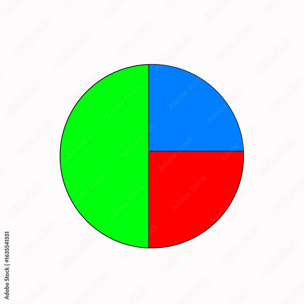 Quartered circle graphic in green, blue, and red segments minimal geometric design for charts, infographics, and abstract art. Quartered circle graphic in green, blue, and red segments minimal geometric design for charts, infographics, and abstract art.