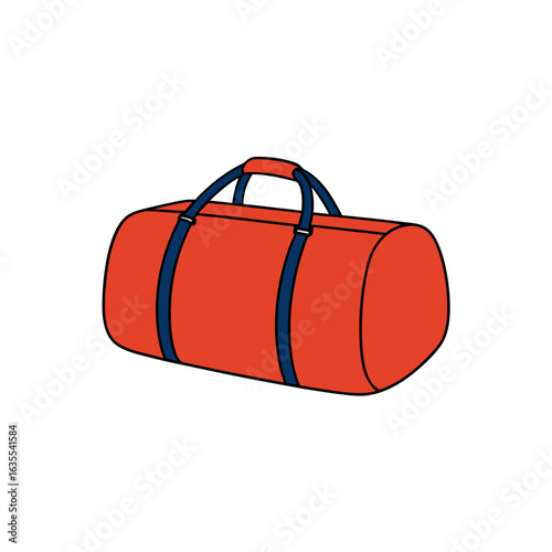 Illustration of a red duffel bag with blue straps and handles against a white background image view on transparent background