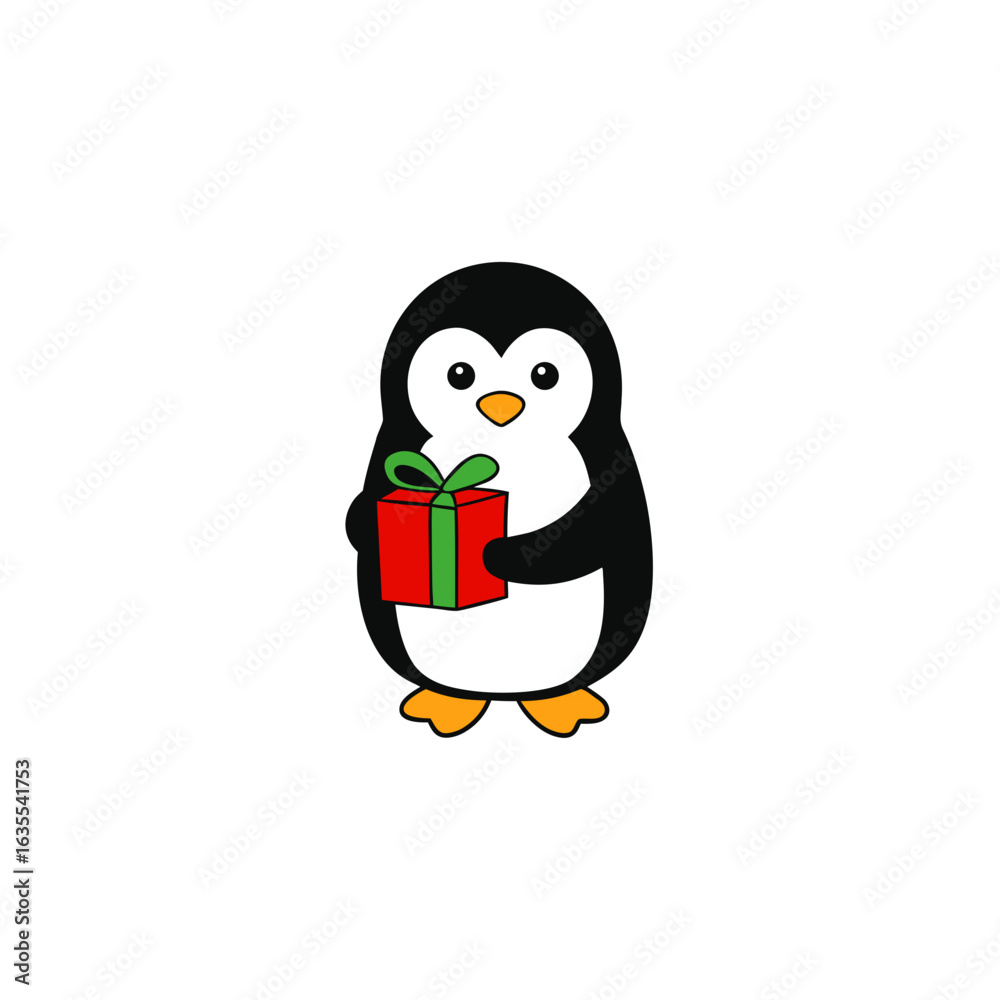 Obraz premium Cartoon penguin holding a red present with a green bow against a plain white background image view on transparent background