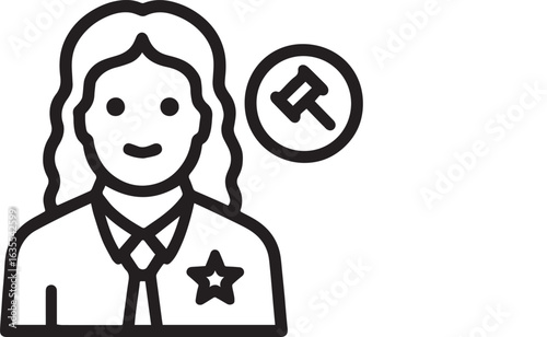 Empowering female judge with gavel symbol of justice and law, originally vector art, representing equality, fairness, and a legal professional