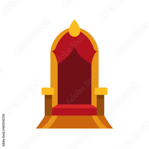 Illustration of a golden throne with red velvet upholstery and a teardrop shaped finial design element on transparent background