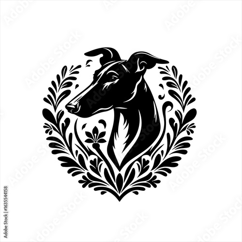 Elegant greyhound head silhouette surrounded by floral ornate design