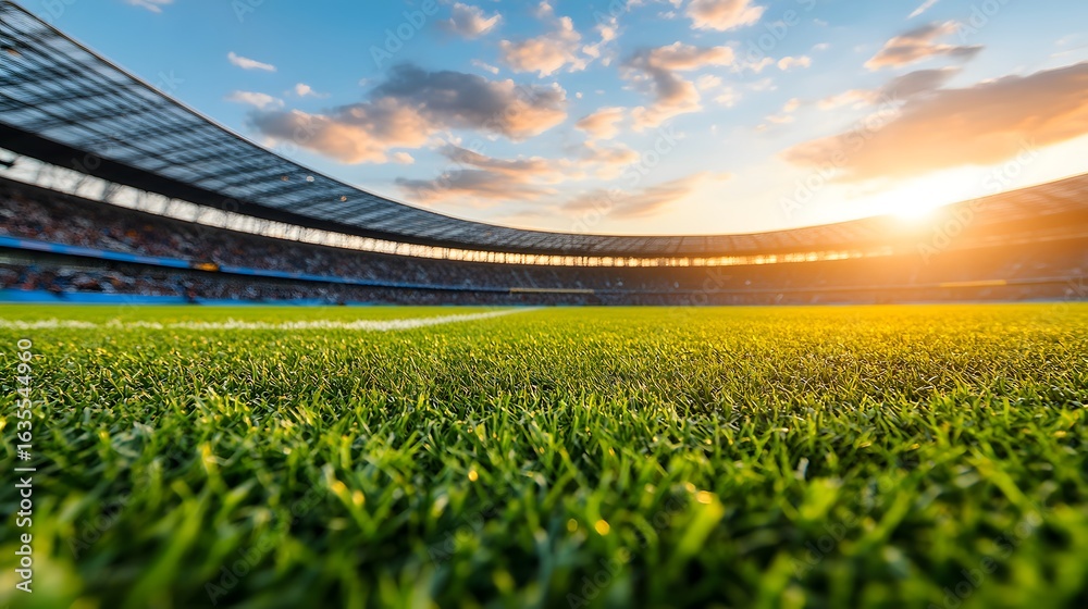 Fototapeta premium Stadium field with green grass, low-angle view during sunset or sunrise.