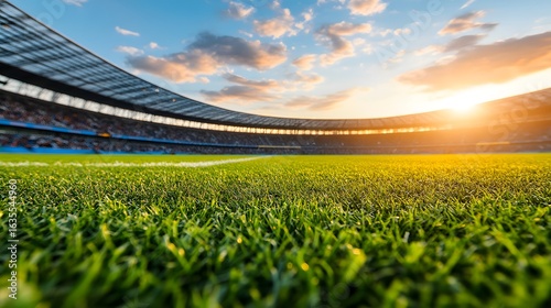 Fototapeta Naklejka Na Ścianę i Meble -  Stadium field with green grass, low-angle view during sunset or sunrise.
