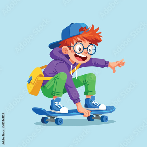 Vector art of young boy with glasses and cap skateboarding with a yellow bag