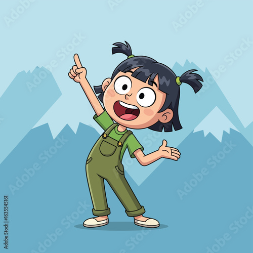 Vector art of happy child girl pointing up in mountains
