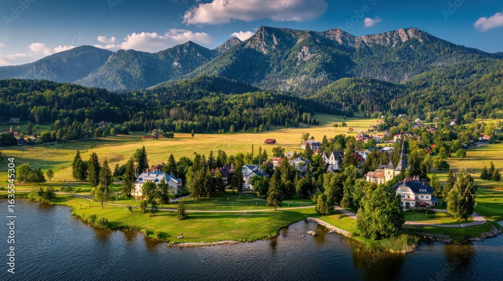 Obraz premium Picturesque village by mountain lake