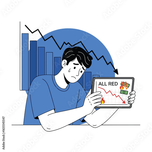 Vector art of man looking at tablet showing a financial graph with all red