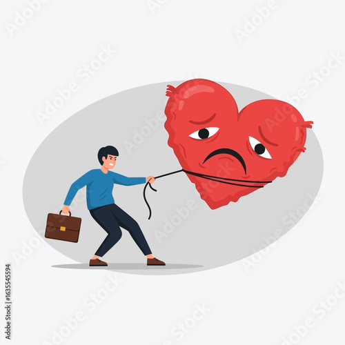 Vector art of man pulling a sad heart, symbolizing relationship struggles or emotional burden