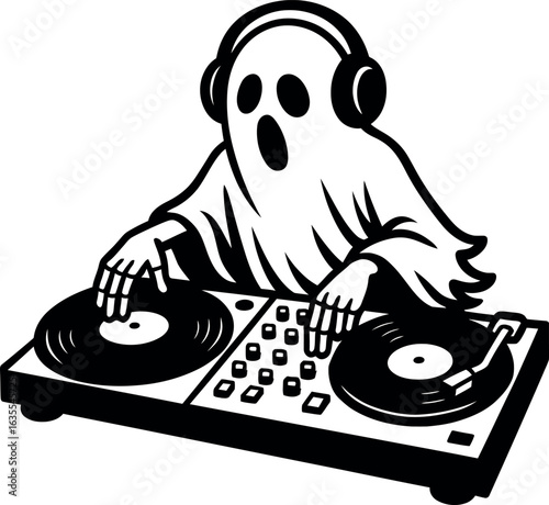 Ghost DJ Spinning Records Illustration, Halloween Ghost Disc Jockey Vector Art
