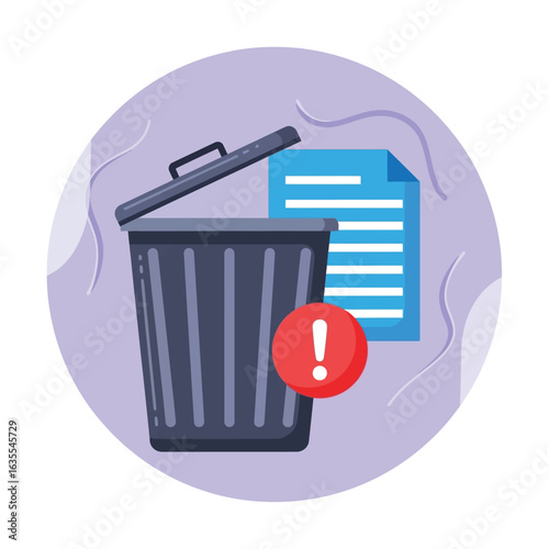 Vector art of trash can with a document and a red warning sign, symbolizing deletion