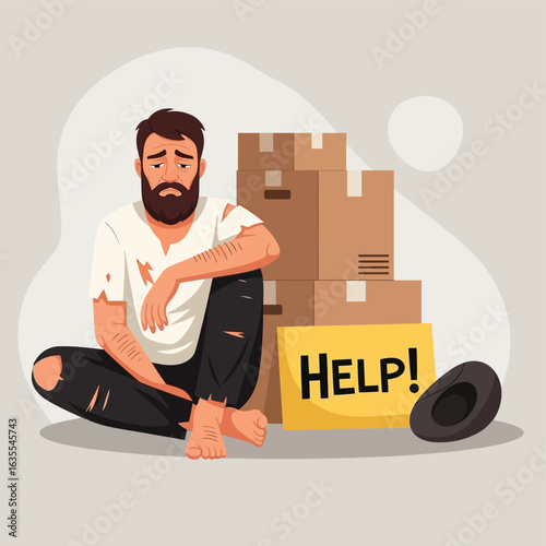 Vector art of sad homeless man sitting with boxes and a help sign
