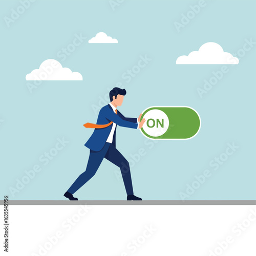 Vector art of businessman pushing a large on button to start a new project or initiative