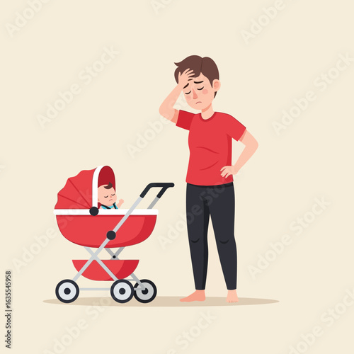 Vector art of tired parent with a baby in a stroller looking stressed and overwhelmed
