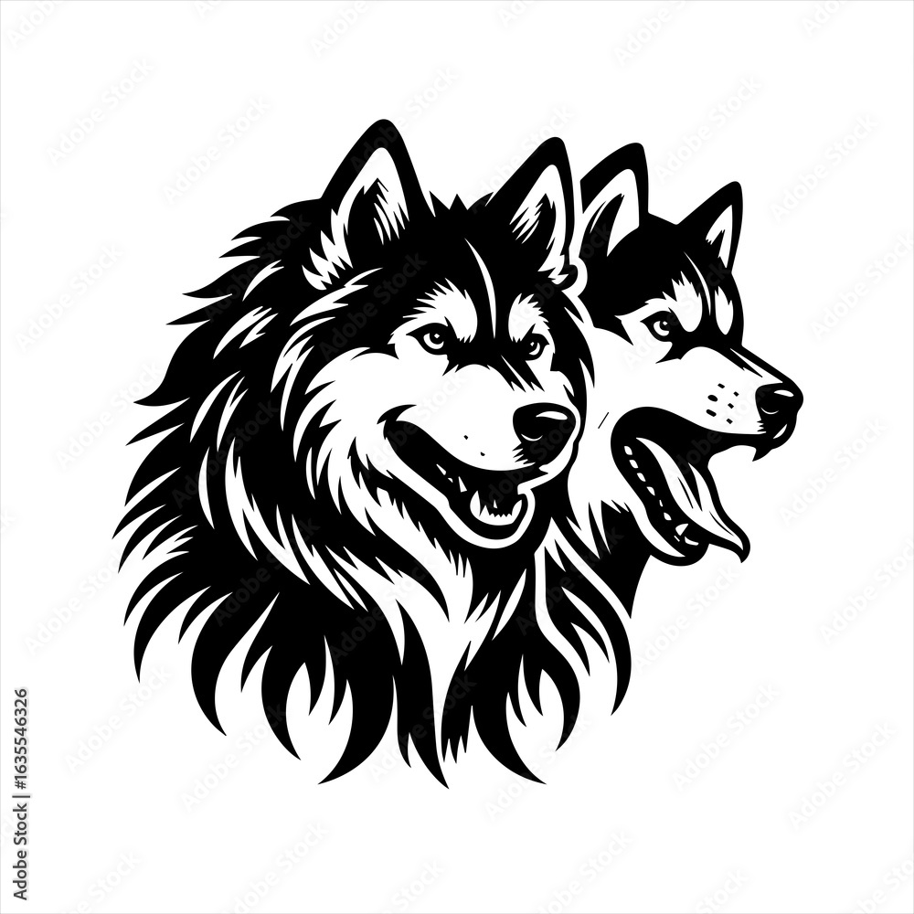 Naklejka premium Two black and white husky dogs head portrait illustration