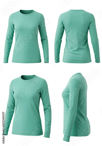 Isolated Teal Green Long Sleeve Shirt Template with Front and Side Views