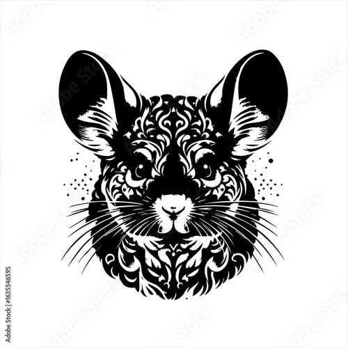 Intricate black and white chinchilla face with ornate patterns