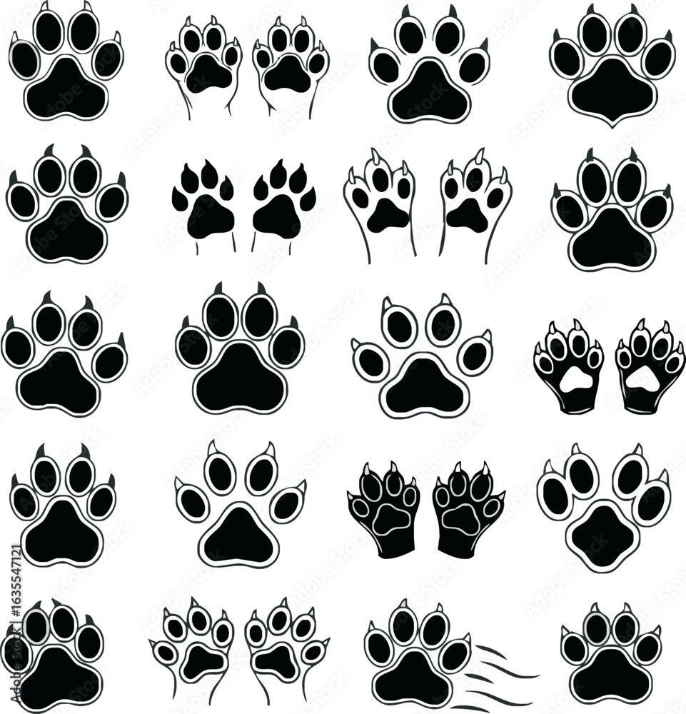 Fototapeta premium A diverse collection of black and white illustrated animal paw prints and tracks.