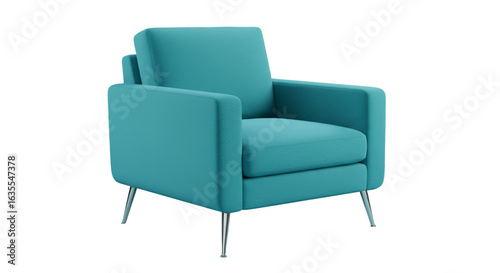 Isolated Turquoise Modern Armchair 3D Illustration with Metal Legs on Transparent Background