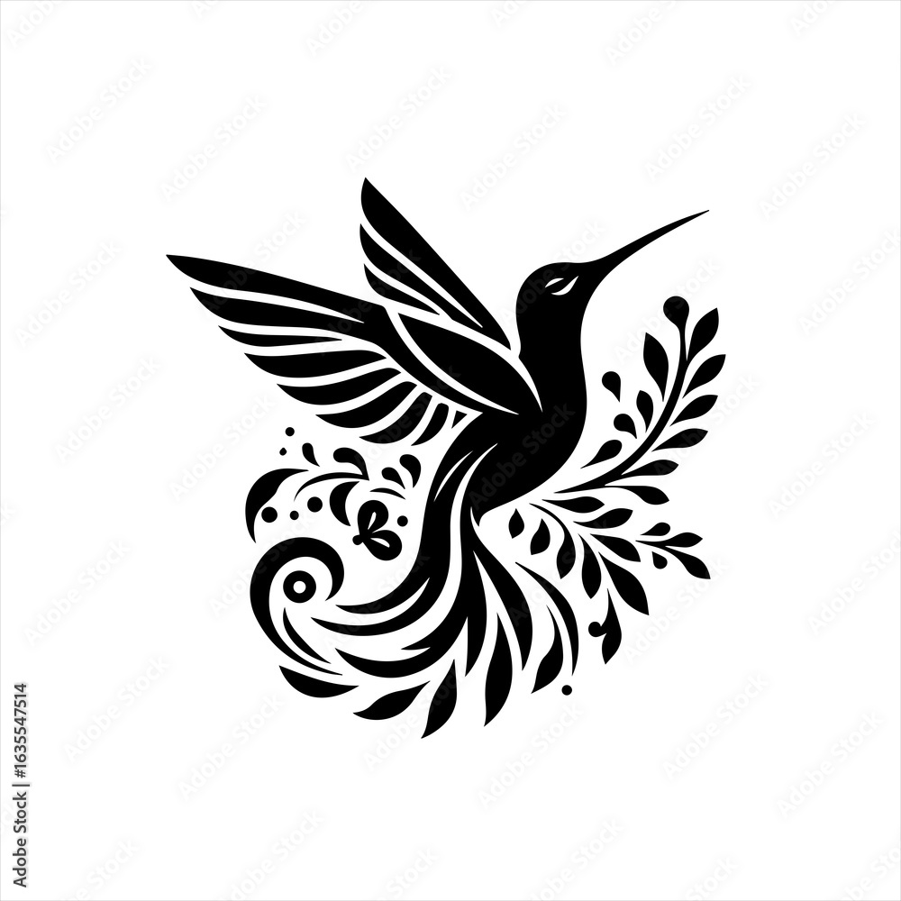 Obraz premium Elegant black hummingbird with decorative floral elements
